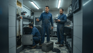 Plumbers reviewing drain cleaning procedure