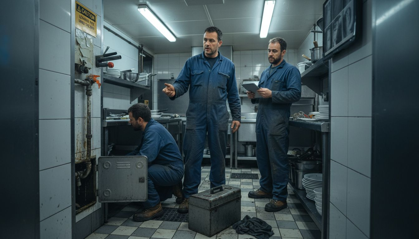 Plumbers reviewing drain cleaning procedure