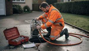 Technician preparing water jetting equipment outdoors
