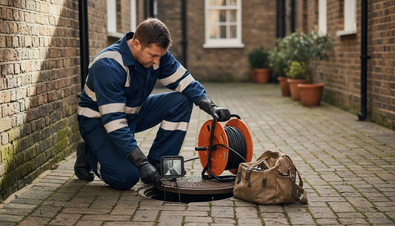 Drain technician inspecting outdoor drain London courtyard