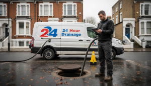 Technician beside van at London drain emergency