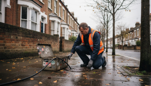 Plumber maintaining drain outside London home