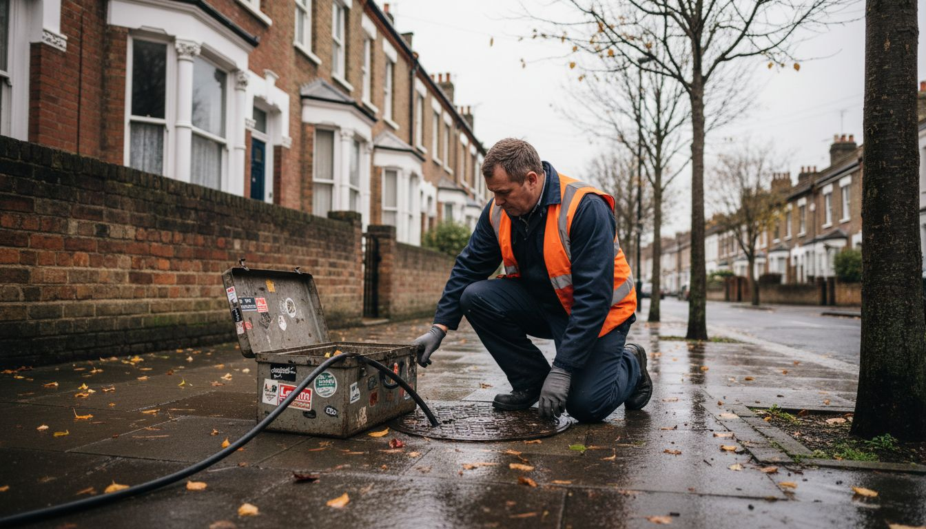 Plumber maintaining drain outside London home
