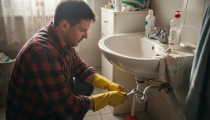 Man unclogging drain with home tools