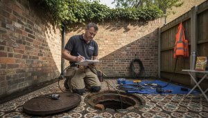 Technician inspects residential drain in London backyard