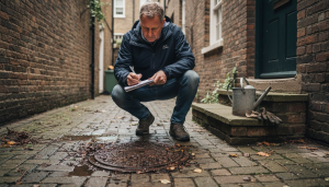 London homeowner inspecting outdoor drain for maintenance