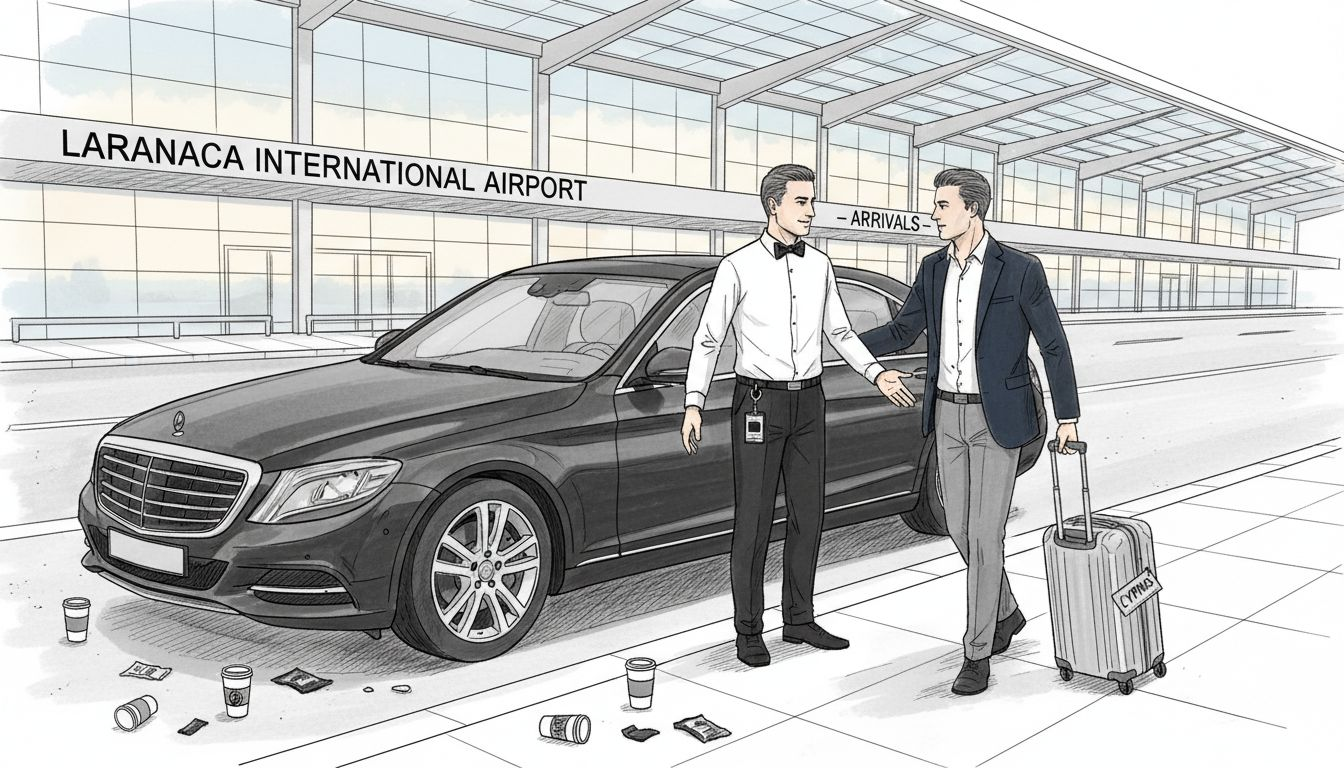 Chauffeur holding car door at Larnaca airport curb