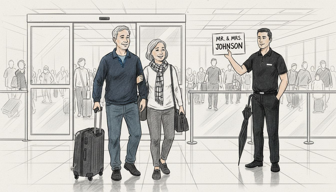 Travelers meeting pre-booked driver at airport arrivals