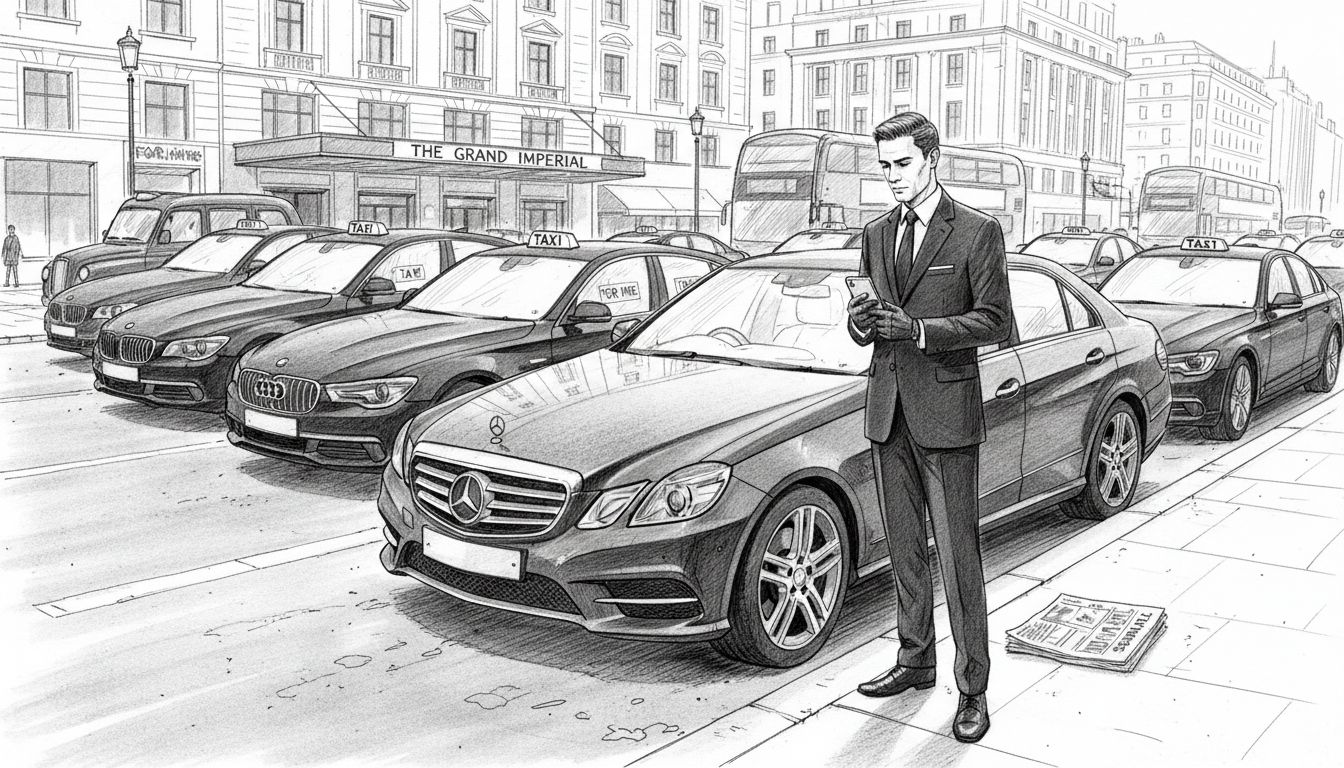 Luxury taxi chauffeurs outside city hotel