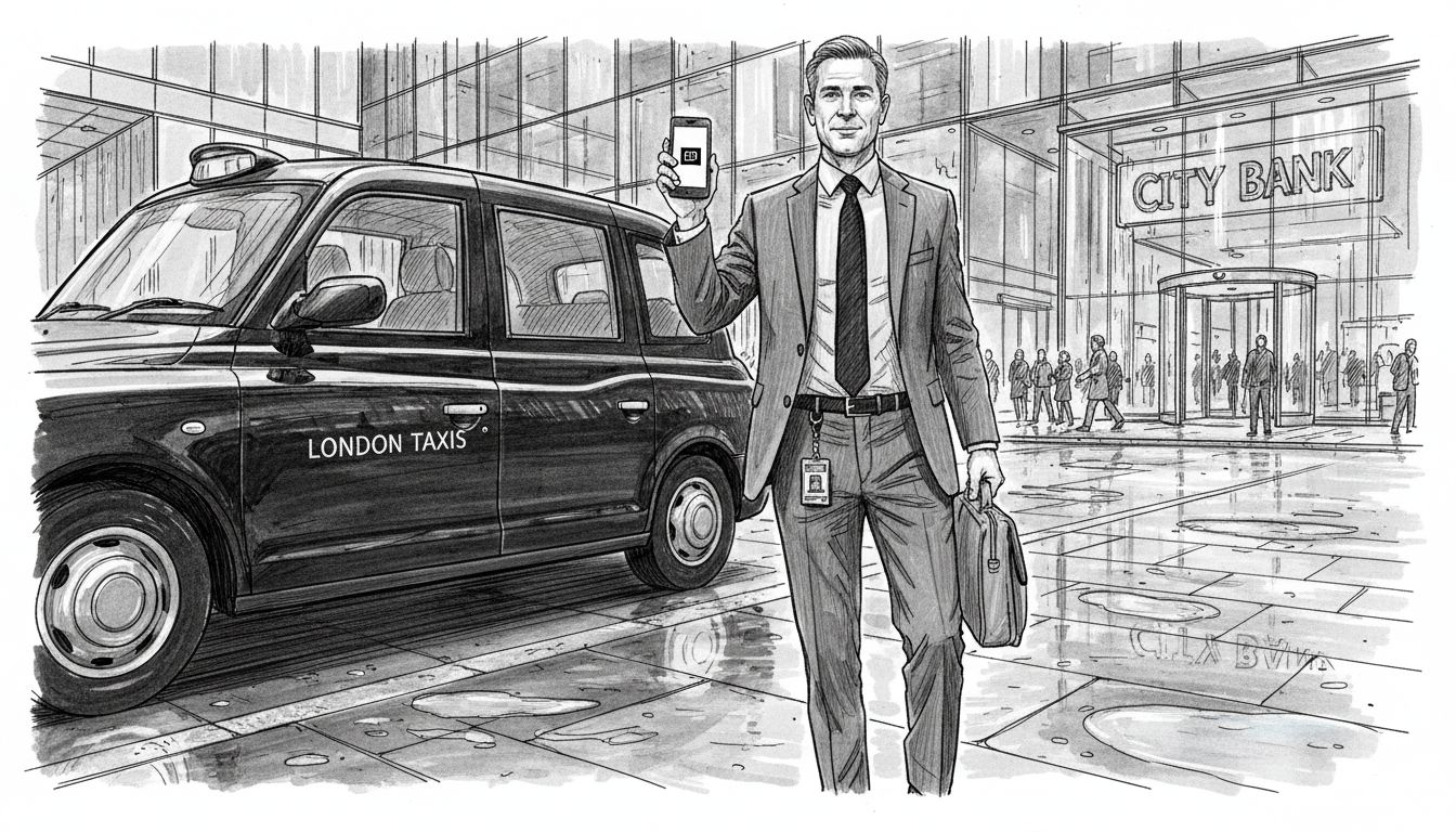 Executive exiting taxi at corporate building