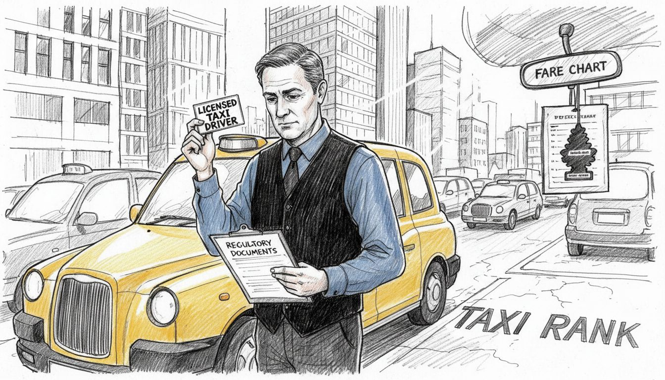 Licensed taxi driver verifies documents at city taxi rank