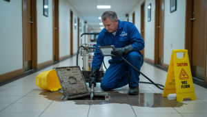 Technician cleaning commercial drain in hallway