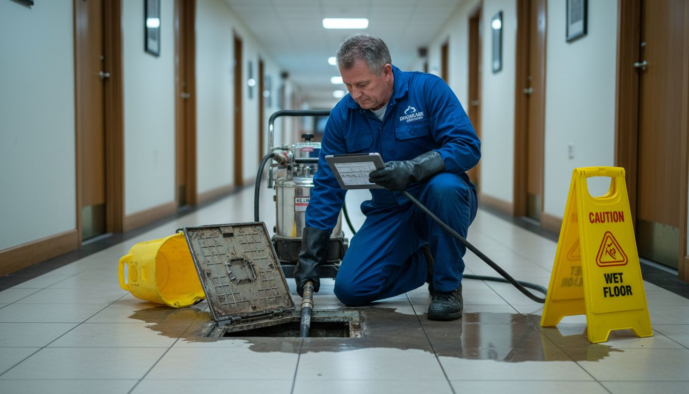 Technician cleaning commercial drain in hallway