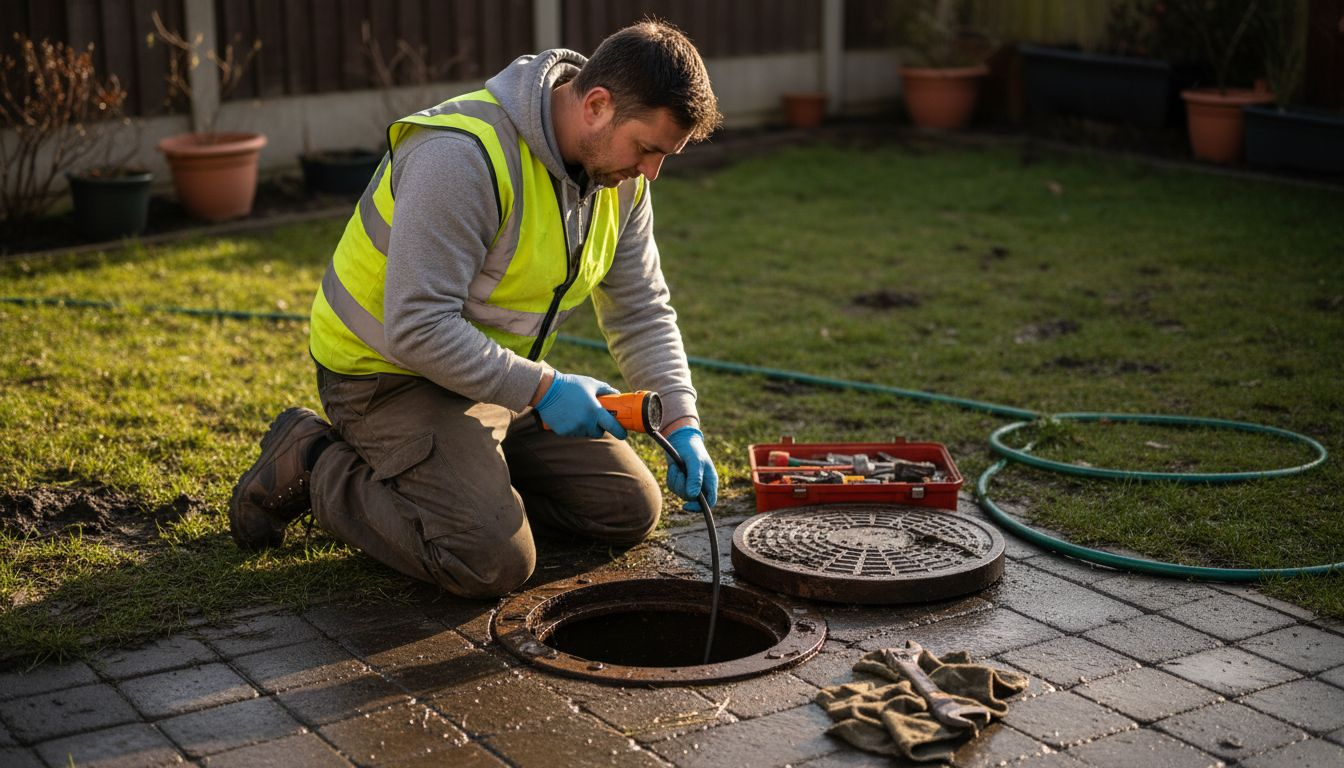 Technician using inspection camera on outdoor drain