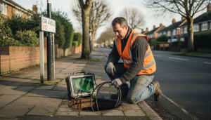 Drain technician operating inspection monitor outdoors