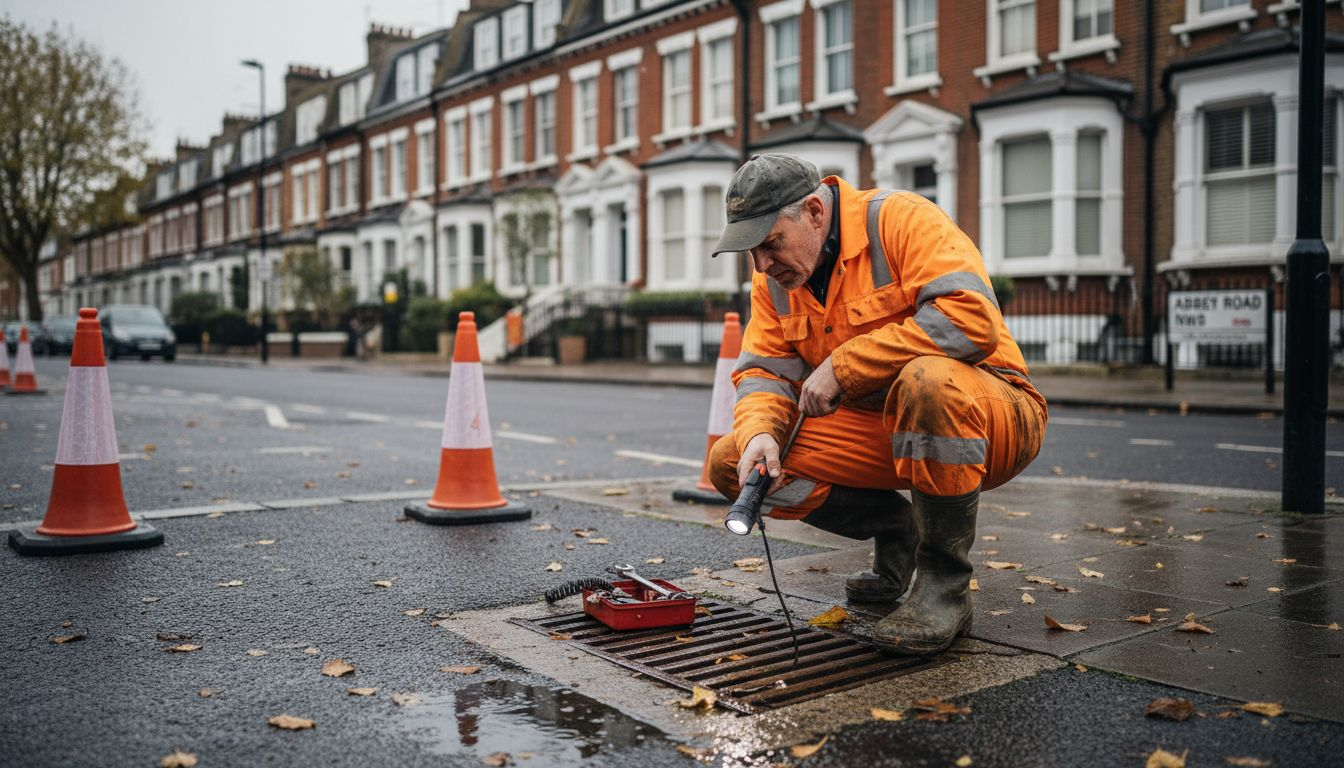 Drain technician inspecting London street drain