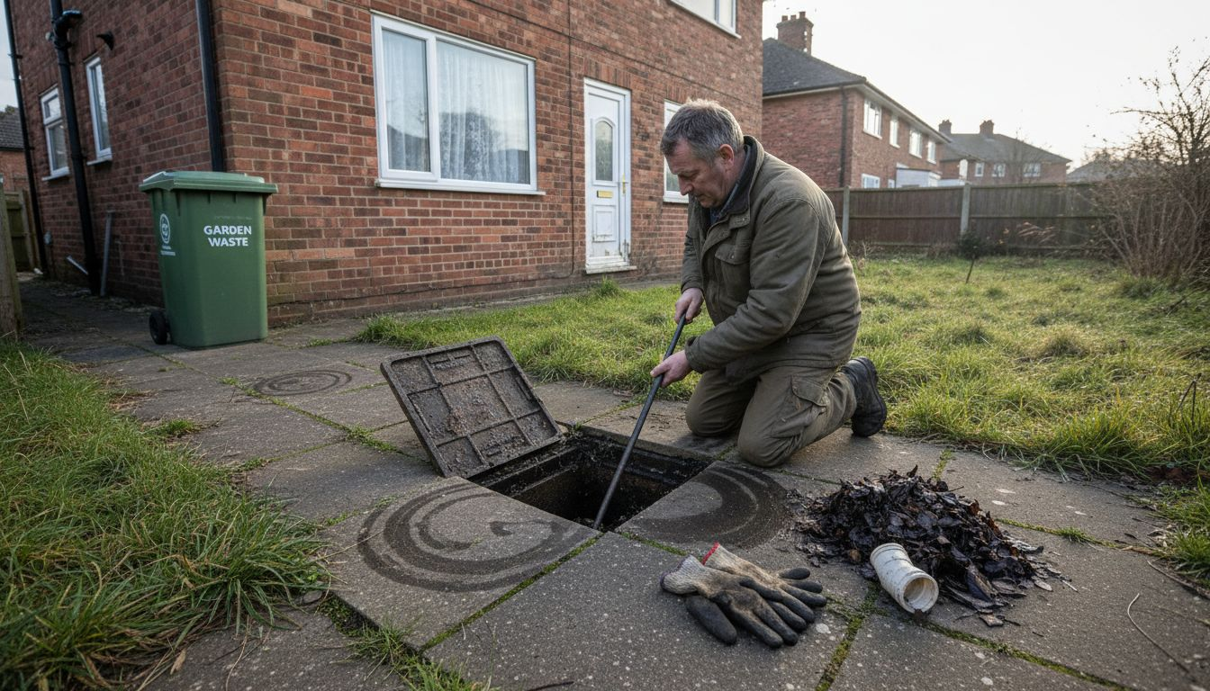 Homeowner clearing blocked outdoor drain