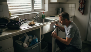 London homeowner inspecting blocked kitchen drain