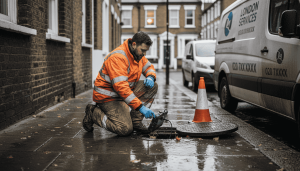 Drainage engineer working outside London terrace home