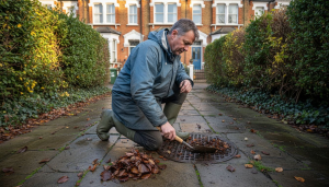 Homeowner clearing leaves from garden drain