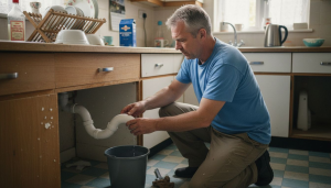 Homeowner cleaning out kitchen sink trap