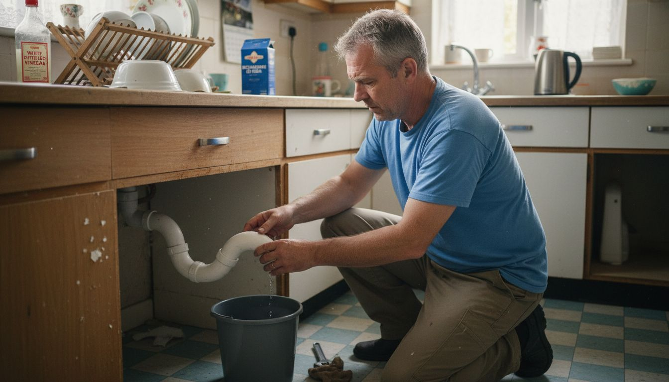 Homeowner cleaning out kitchen sink trap