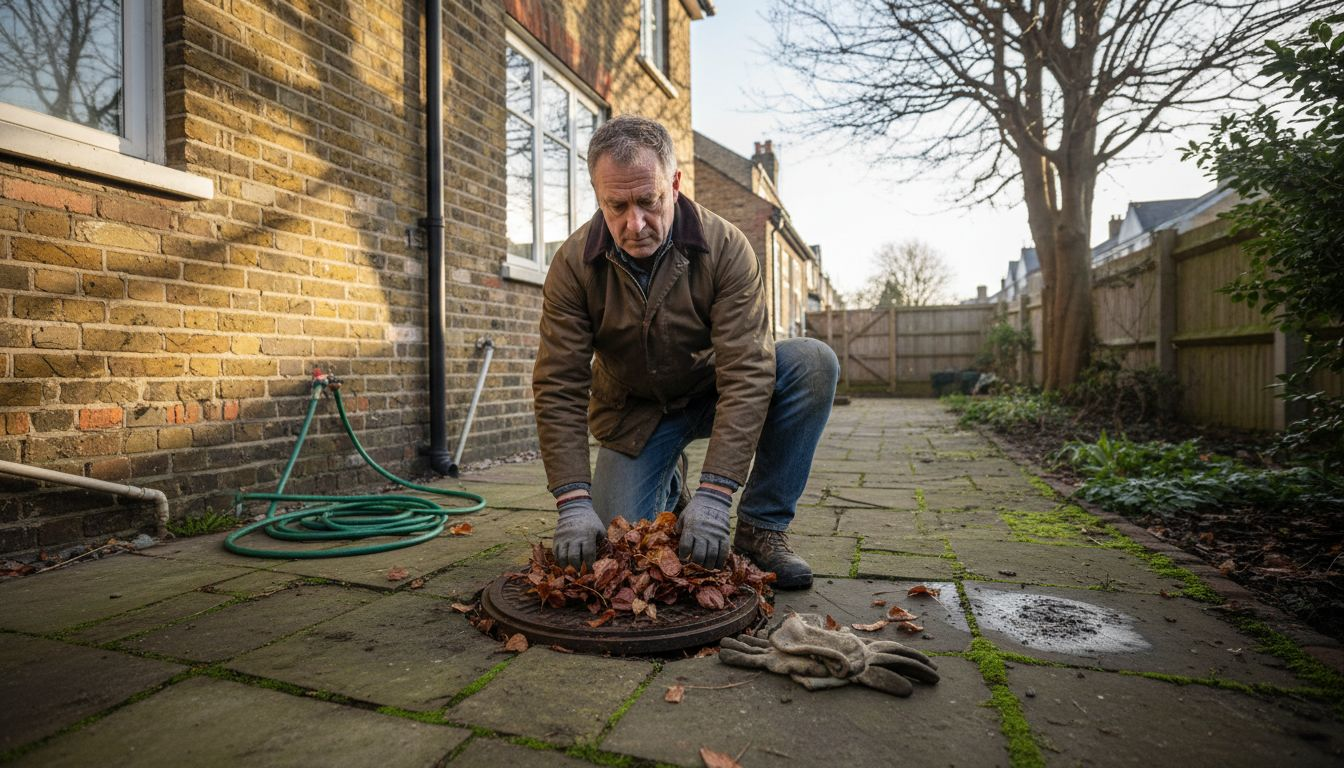 Man inspecting drain cover in London garden