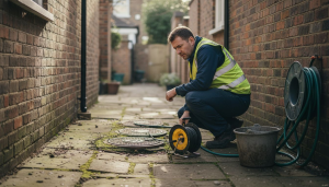 Drainage engineer checks London home’s exterior drain