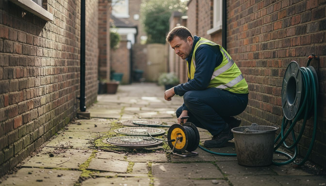 Drainage engineer checks London home’s exterior drain