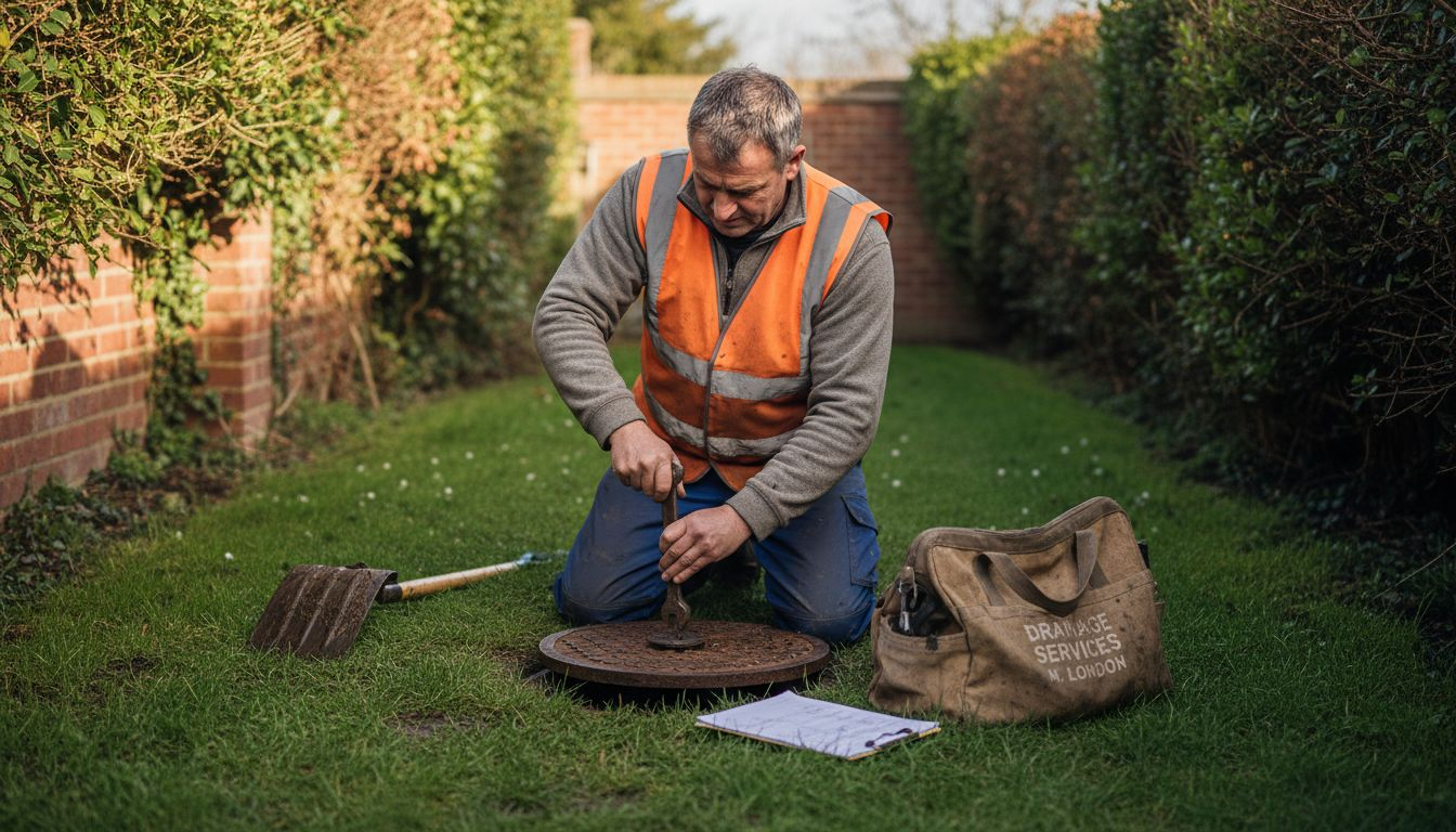 Drainage specialist inspecting garden manhole cover