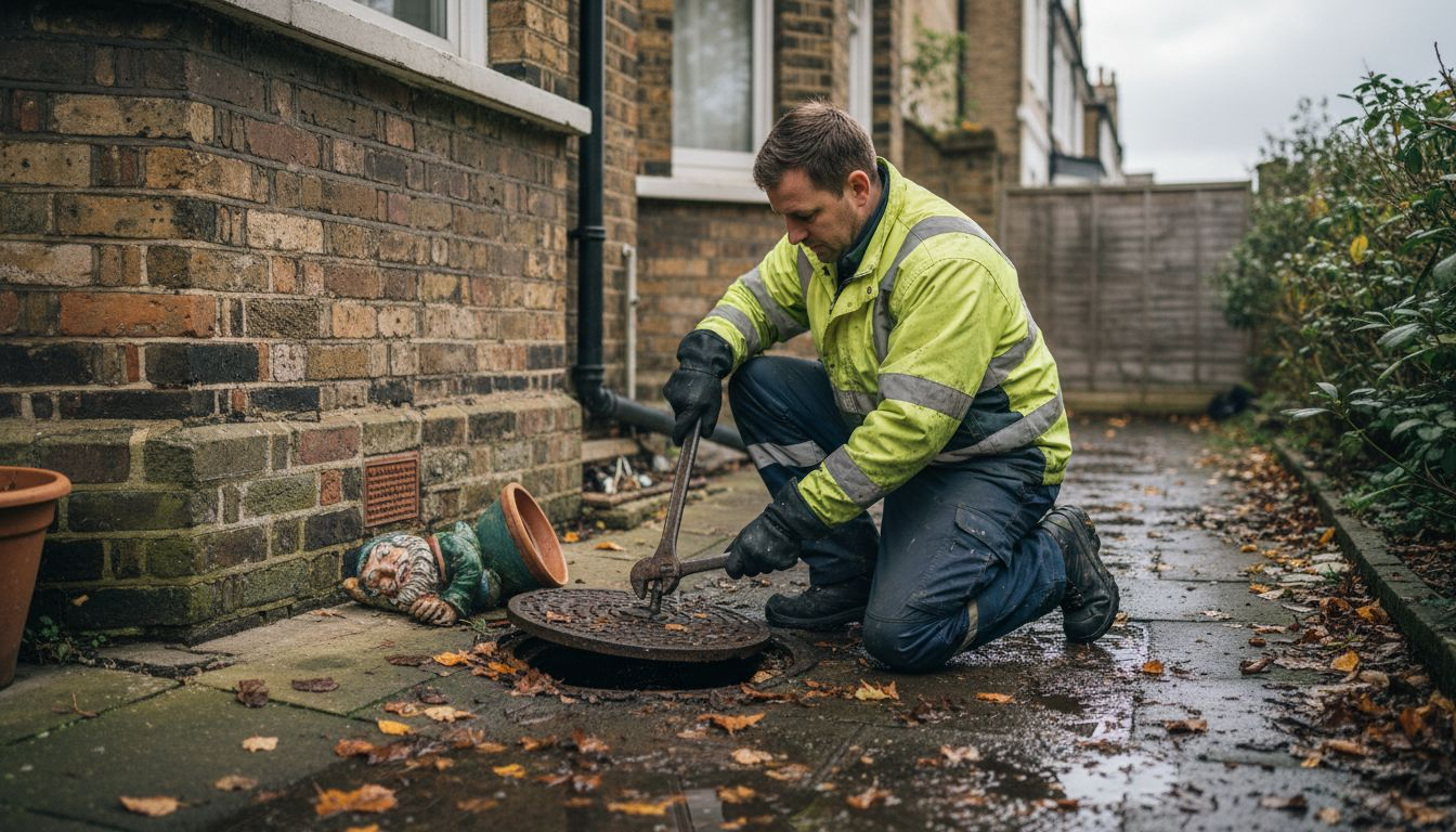 Drainage engineer inspecting outdoor London drain