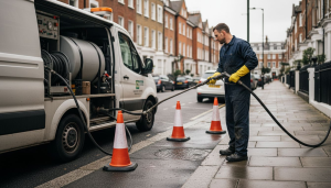 Technician operating water jetting machine roadside