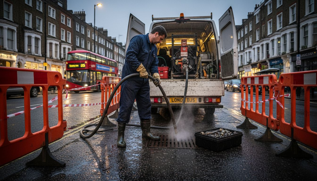Technician using drain jetting machine on London street