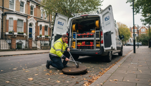 London drainage engineer inspecting street drain