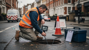 Technician with CCTV camera at rainy street manhole