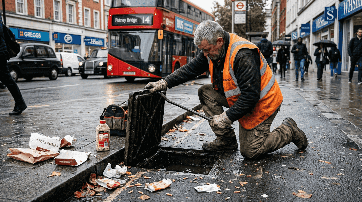 Maintenance worker inspecting London drain blockage