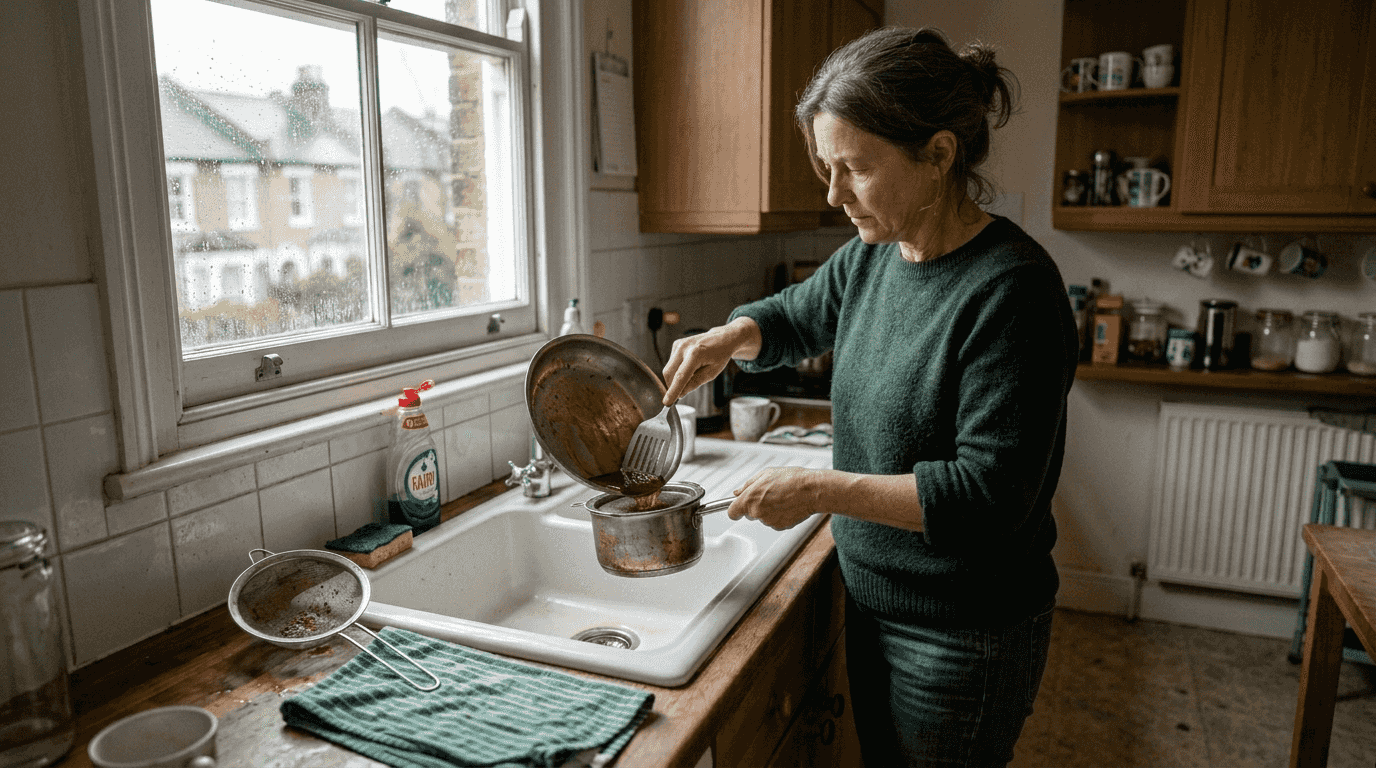 Woman disposing oil to prevent drain blockages