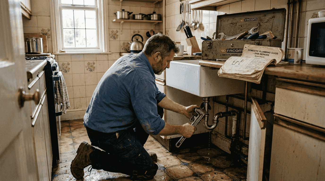 Plumber fixing blocked kitchen drain under sink