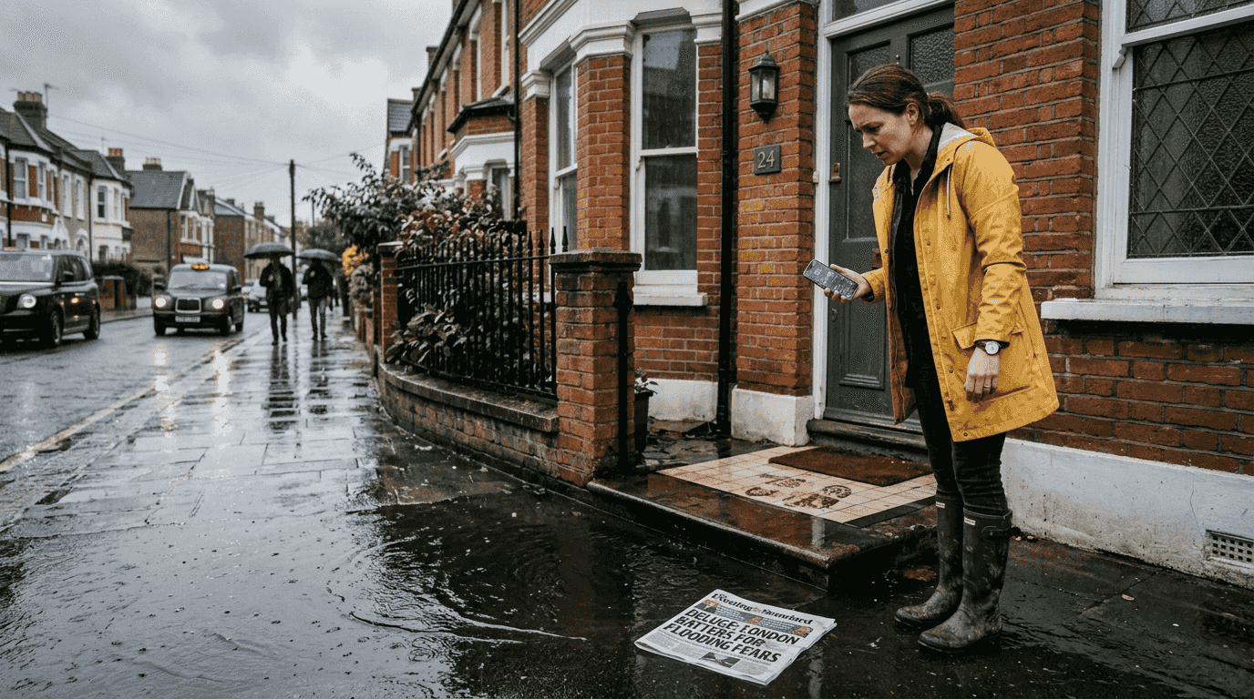 Concerned homeowner outside London house in rain