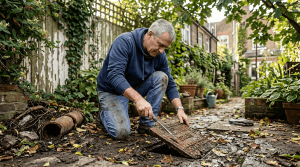 Homeowner inspecting cracked drain outdoors