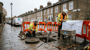 Drainage engineers repair street drain in London