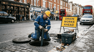 Contractor relining drain on London street