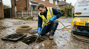 Technician using water jetting machine at outdoor drain