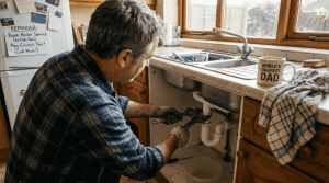 Homeowner performing kitchen drain maintenance