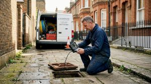 Engineer inspecting London drain on driveway