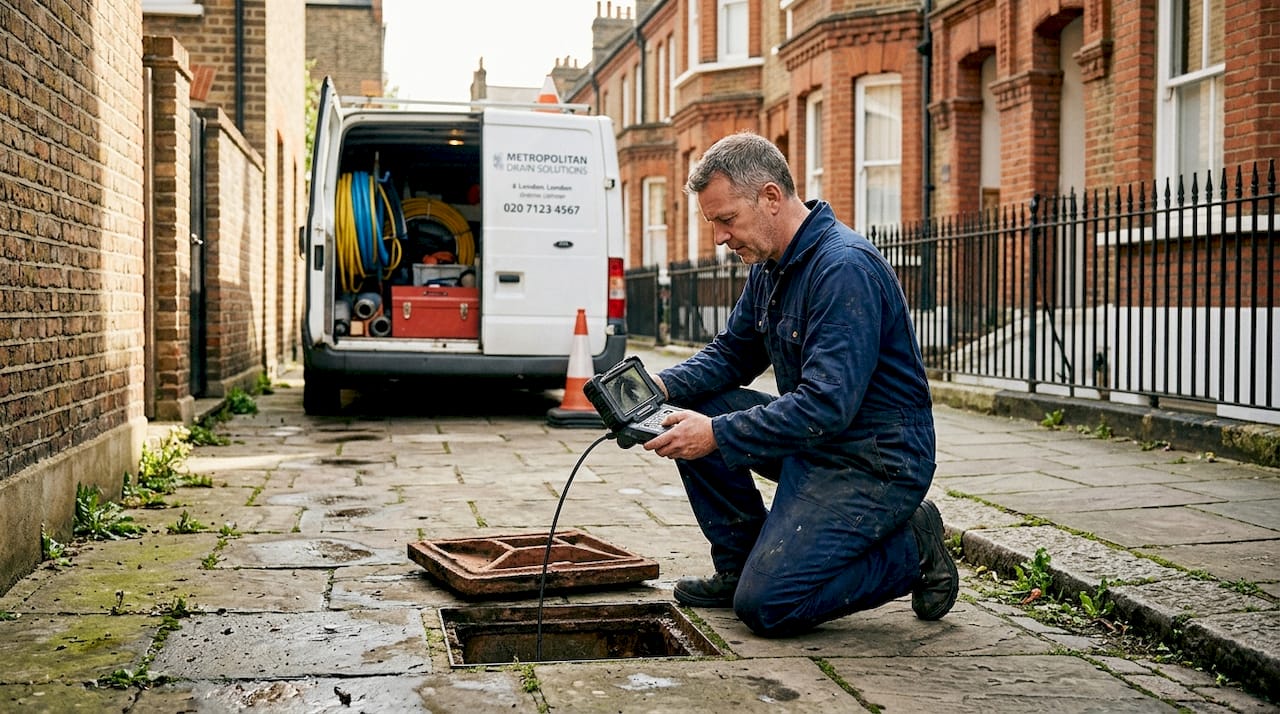 Engineer inspecting London drain on driveway