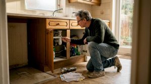 Homeowner checking drainage under sink