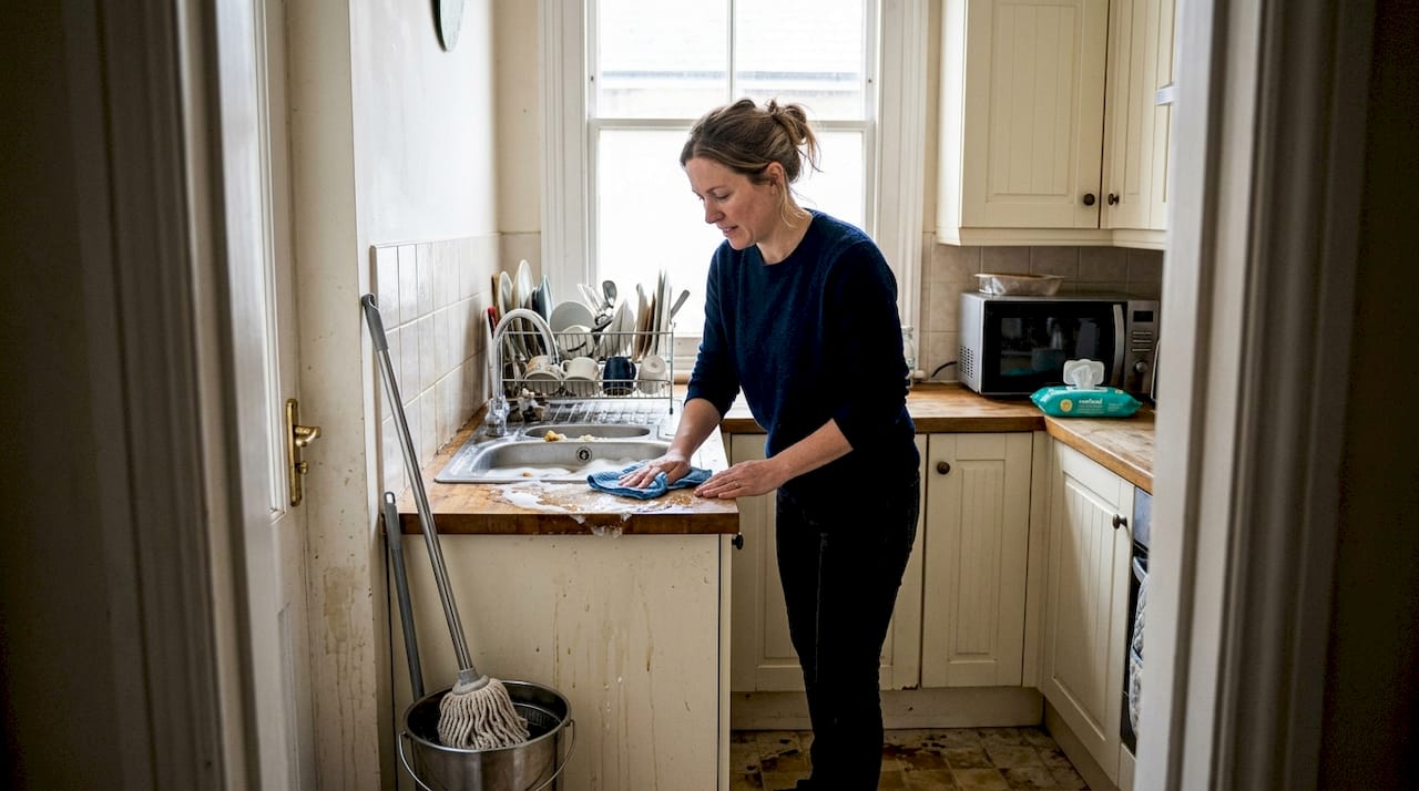 Homeowner clearing flooded kitchen sink