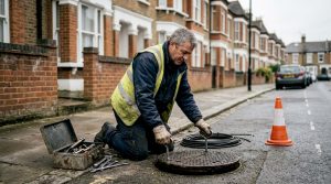 Drainage contractor inspecting residential manhole