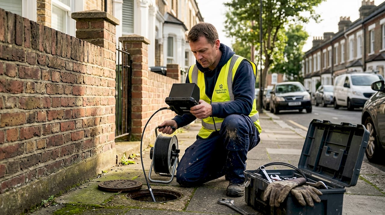 Technician inspecting home drain in London